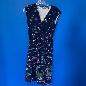 LANDS’ END Navy Fit & Flare Faux Wrap Soft Knit Dress Sz XS